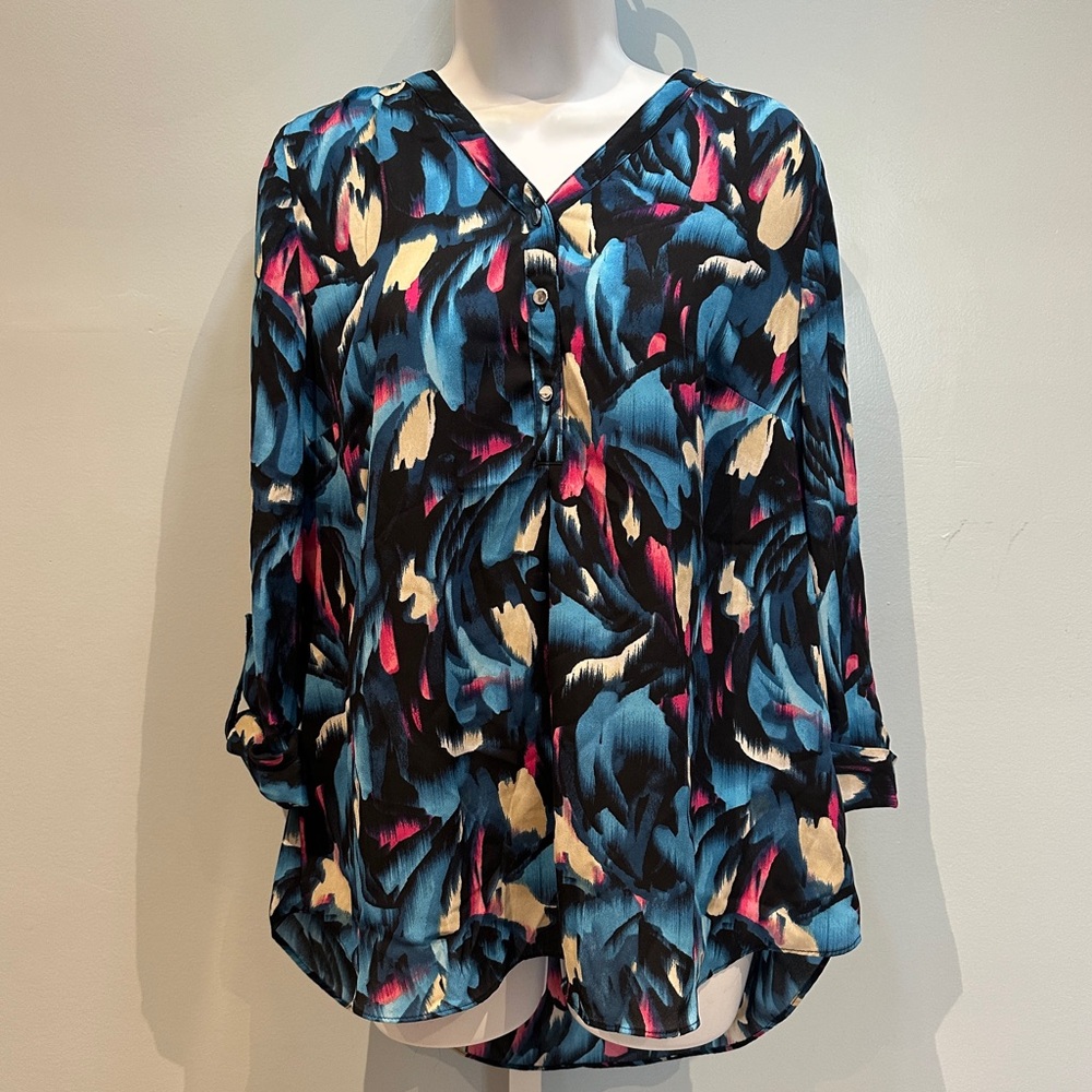 JM Collection Blue White Pink Black Blouse Medium